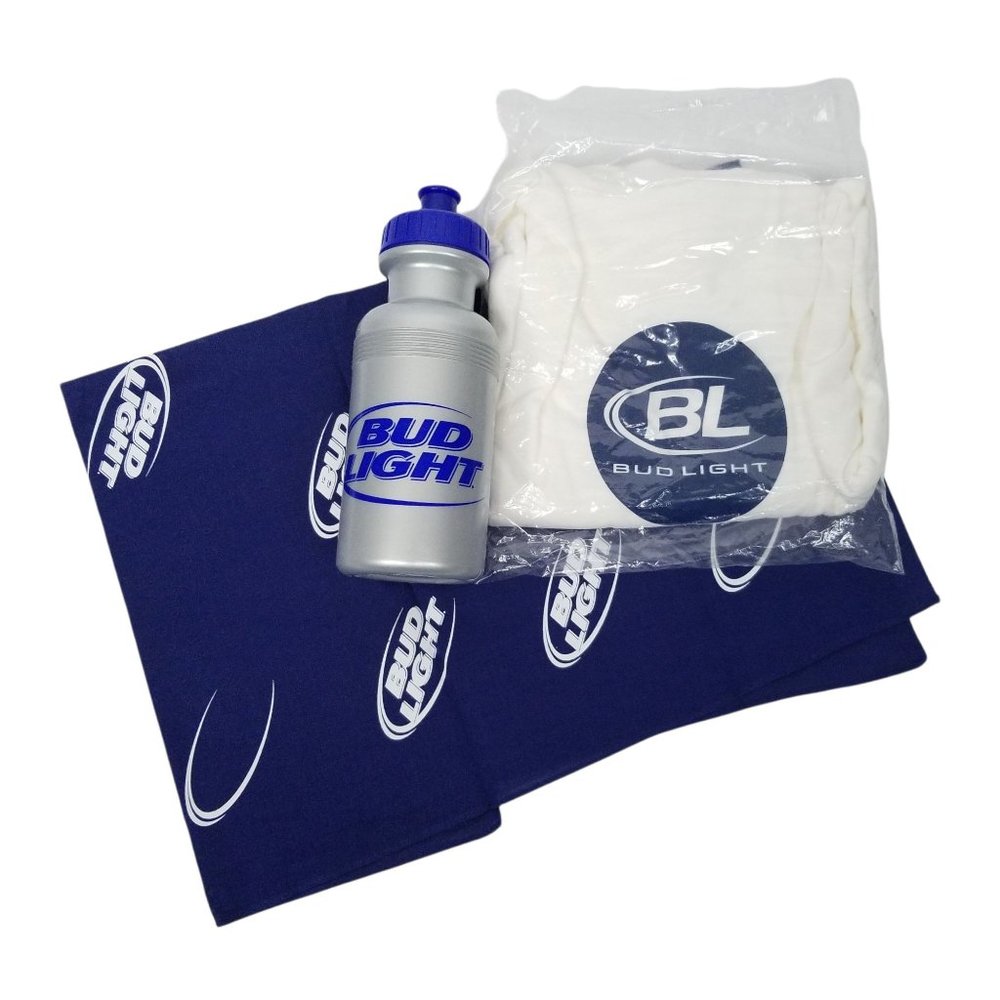 Budweiser Bud Light Bottle Cap T Shirt Size L Bandana 20 Oz Squeeze Bottle Lot